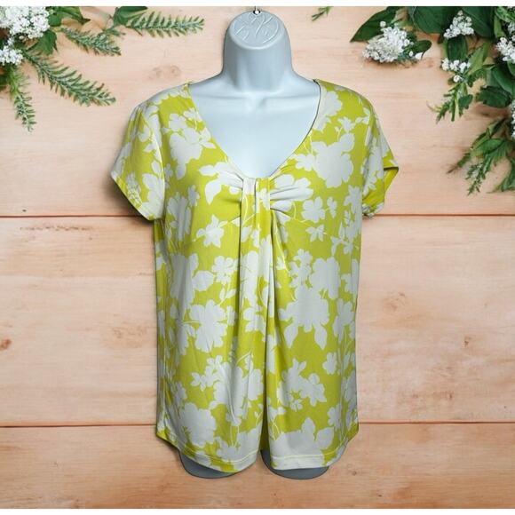 Rafaella Yellow Floral Blouse Sz M V-Neck Top Draped Front Short Sleeve - Picture 1 of 5